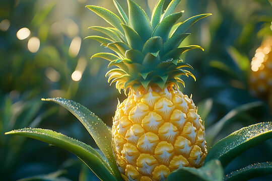 3D Realistic Pineapple Fruit Illustration, Dewy Leaves