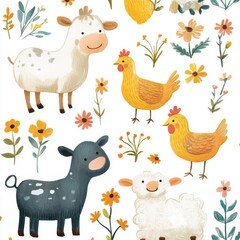 Whimsical Farm Animals and Flowers Cartoon Illustration