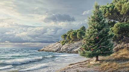 Fototapeta premium Quiet Mediterranean shoreline with gentle waves and a holiday-decorated pine tree in December