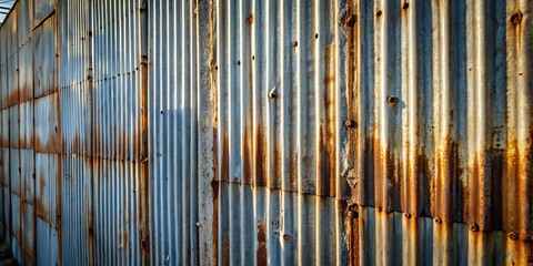 Fototapeta premium A weathered corrugated metal wall, showcasing the gradual progression of rust, creating an intricate pattern of decay and resilience.