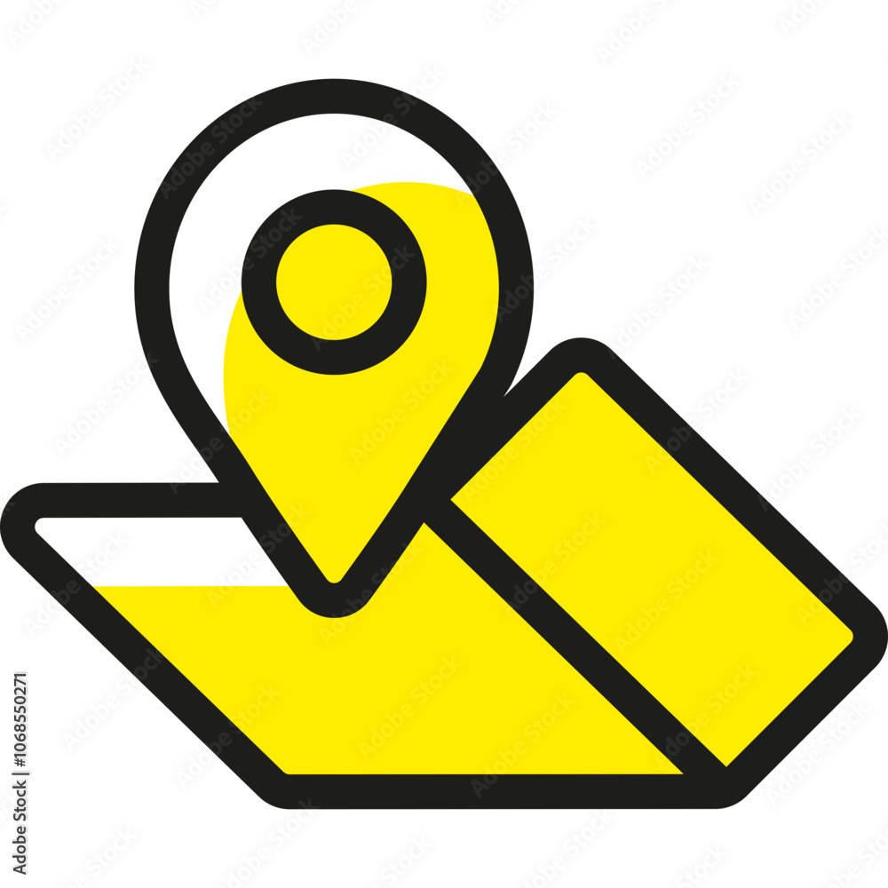 Poster a bright yellow location pin symbol marking a spot on a simplified map design in modern vector style