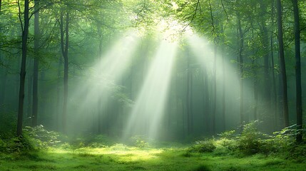 Obraz premium Sunlight filters through lush forest canopy illuminating vibrant greenery and tranquil atmosphere