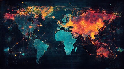 A Digital World Map With Interconnected Nodes