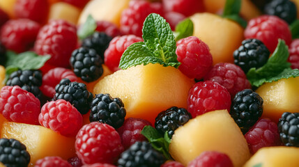 Obraz premium Photo Fresh Cantaloupe Raspberry Blackberry Mint Fruit Salad