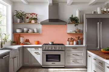 Modern Kitchen with Stainless Steel Appliances and Peach Mosaic Backsplash