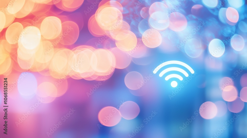 Poster blurred lights with a wi-fi symbol representing iot and cloud connectivity.