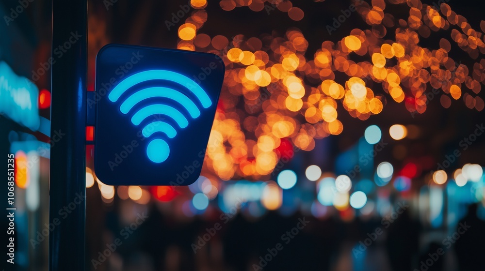 Poster blurred lights with a wi-fi symbol representing iot and cloud connectivity.