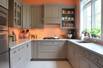 Fototapeta premium Modern Kitchen with Grey Cabinets, Orange Walls, and White Countertops