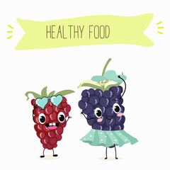 Cute  blackberry characters, funny fruits, berries, different activities. Flat vector illustration. Organic food, healthy food, illustrations for kids menu, invitations.