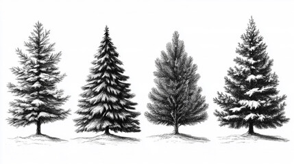 Obraz premium Hand-drawn Christmas trees in various styles showcasing their unique shapes and textures perfect for holiday decorations and festive designs