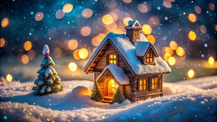 Naklejka premium A Miniature Wooden Cabin Glowing With Warm Light Under a Blanket of Fresh Snow Against a Backdrop of Shimmering Bokeh Lights