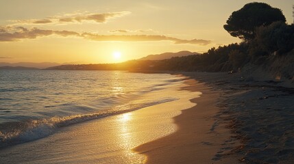 Naklejka premium Sunset over a sandy Mediterranean beach in December, representing the season peaceful beauty