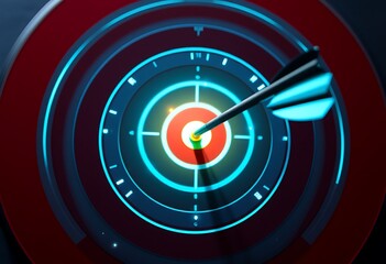 Target concept with a glowing hologram of bullseye and arrow hitting the center.