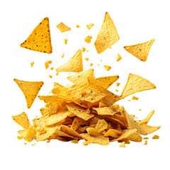 Pile tortilla chips crumbs, yellow pieces flying isolated on white and Transparent Background