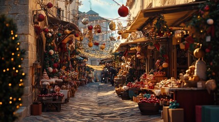Naklejka premium Traditional market in a Mediterranean town with holiday decor, symbolizing December festivity