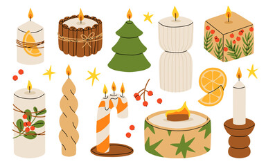 Christmas candles. Cartoon xmas decor burning candles, winter holidays wax candles with Christmas decorations, Noel home interior decor flat vector illustration set. Xmas candles collection