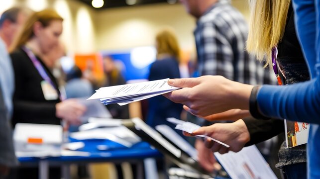 Job seekers actively engaging with recruiters at a bustling career fair, showcasing determination and eagerness in their pursuit of professional opportunities.