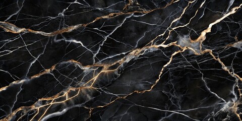 Abstract Veins of Gold and Silver on a Deep Black Marble Background