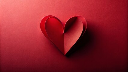 A crimson heart crafted from folded paper, bathed in warm light, rests upon a textured scarlet surface.