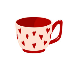 Tea or coffee cup with heart for Valentines day in flat style. Ceramic crockery with trendy ornament for enchanting romantic themes isolated on a white background.