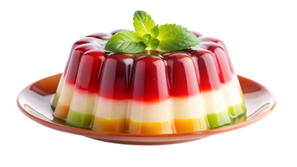 colorful  jelly pudding cake with min leaves isolated on transparent background