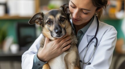 Compassionate Female Veterinarian Hugging a Dog During a Check-Up