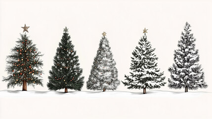 Obraz premium Five beautifully hand-drawn Christmas trees decorated with stars, showcasing unique styles in a winter landscape setting