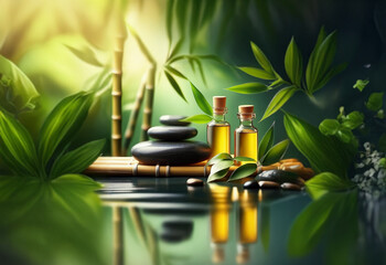 A zen garden scene featuring two bottles of essential oil, black stones, and bamboo stalks.