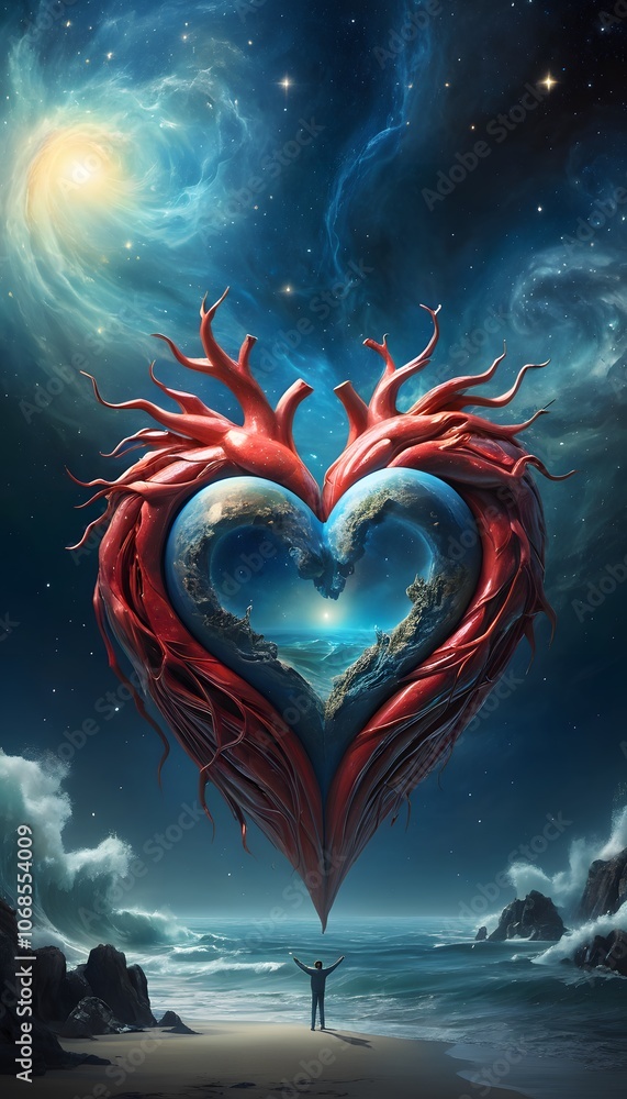 Poster a heart symbolizing love in the cosmic expanse of the universe perfect for illustrating universal co
