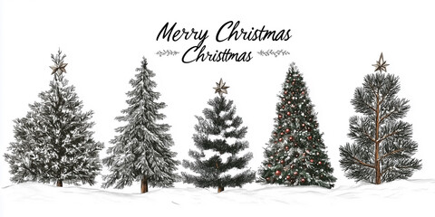 Obraz premium Hand-drawn collection of Christmas trees in various styles surrounded by snow with festive decorations inviting holiday cheer