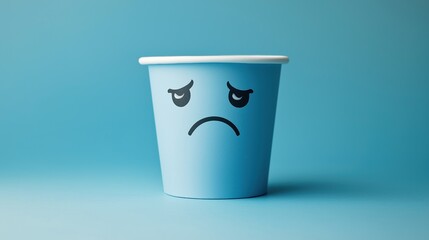 Disposable Blue Paper Cup with Sad Facial Expression on Minimalist Blue Background