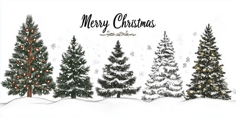 Fototapeta premium Hand-drawn illustration of five decorated Christmas trees with snow and festive elements during the holiday season