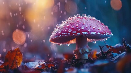 Dewy Red Mushroom Under Rainfall at Dusk