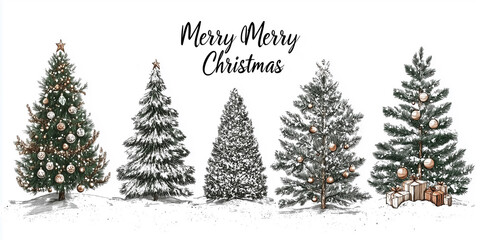 Fototapeta premium Hand-drawn illustration of five Christmas trees decorated with ornaments and presents, celebrating the festive season in winter