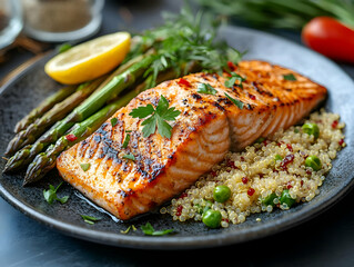 Photo, Grilled Salmon with Asparagus, Quinoa, and Lemon