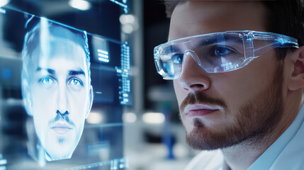Human-AI interaction using holographic projections of human faces. Scanning and hologram of a human face.