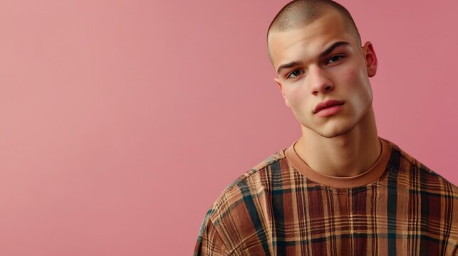 Handsome young man with short hair wearing a plaid shirt looking at the camera.