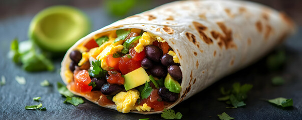 Photo Breakfast Burrito Black Beans, Eggs, Avocado, Tomato