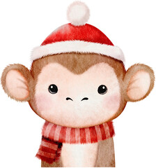 Christmas watercolor animal design with cute monkey