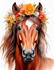 A detailed illustration of a majestic horse wearing a colorful floral crown, with bright orange, red, and yellow flowers for a bohemian look.