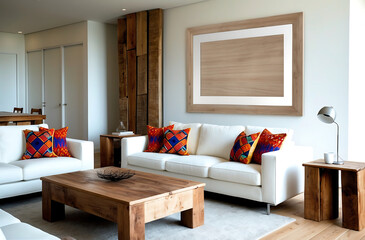 Scandinavian interior design of modern living room. White sofa with pattern pillows and rustic furniture. Mock up frame on white wall.