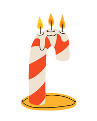 Christmas candles. Cartoon xmas decor burning candles, winter holidays wax candles with Christmas decorations, Noel home interior decor flat vector illustration set. Xmas candles collection