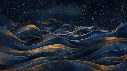 Obraz premium Abstract mountain range under a starry night sky with glowing golden lines. Perfect for futuristic, cosmic, and dreamy landscapes