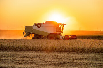Combine harvester working in a field during a stunning sunset