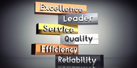 Excellence, leader, service, quality, efficiency, reliability - words on metal blocks - 3D illustration