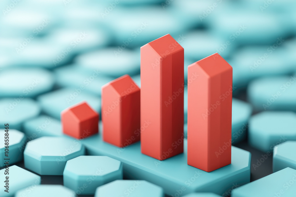 Poster digital financial market visualization, blue matrix backdrop, red line and bar graph, dynamic data r