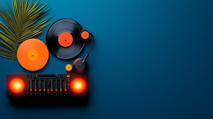 Vinyl DJ Setup with Palm Leaf on Blue Background and Copy Space for Text
