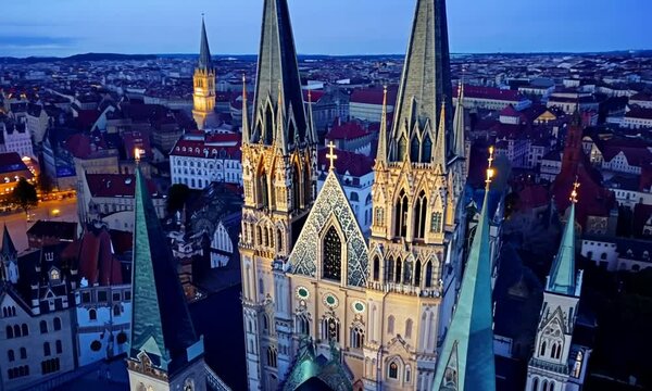 Aerial view of famous places St. Stephen's Cathedral Stephansdom at night. Mother church of the Roman Catholic Archdiocese of Vienna. Austria