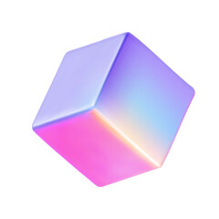 Neon cube isolated on transparent background. 3d holographic primutive shape.