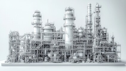 A highly detailed, photorealistic oil and gas plant model in black and white on an isolated background with soft shadows. 